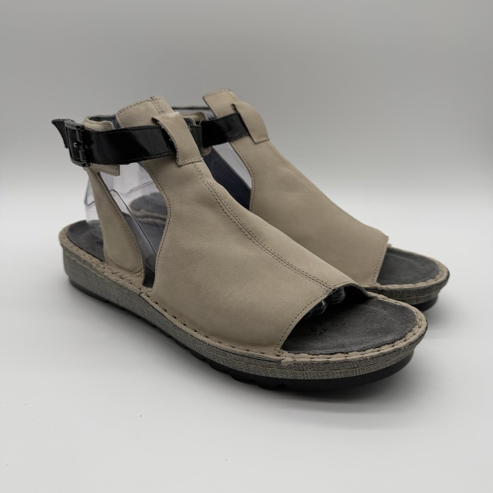 Naot Women's Verbena Leather Wedge Sandals Stone Nubuck Black Strap EU 42 US 11